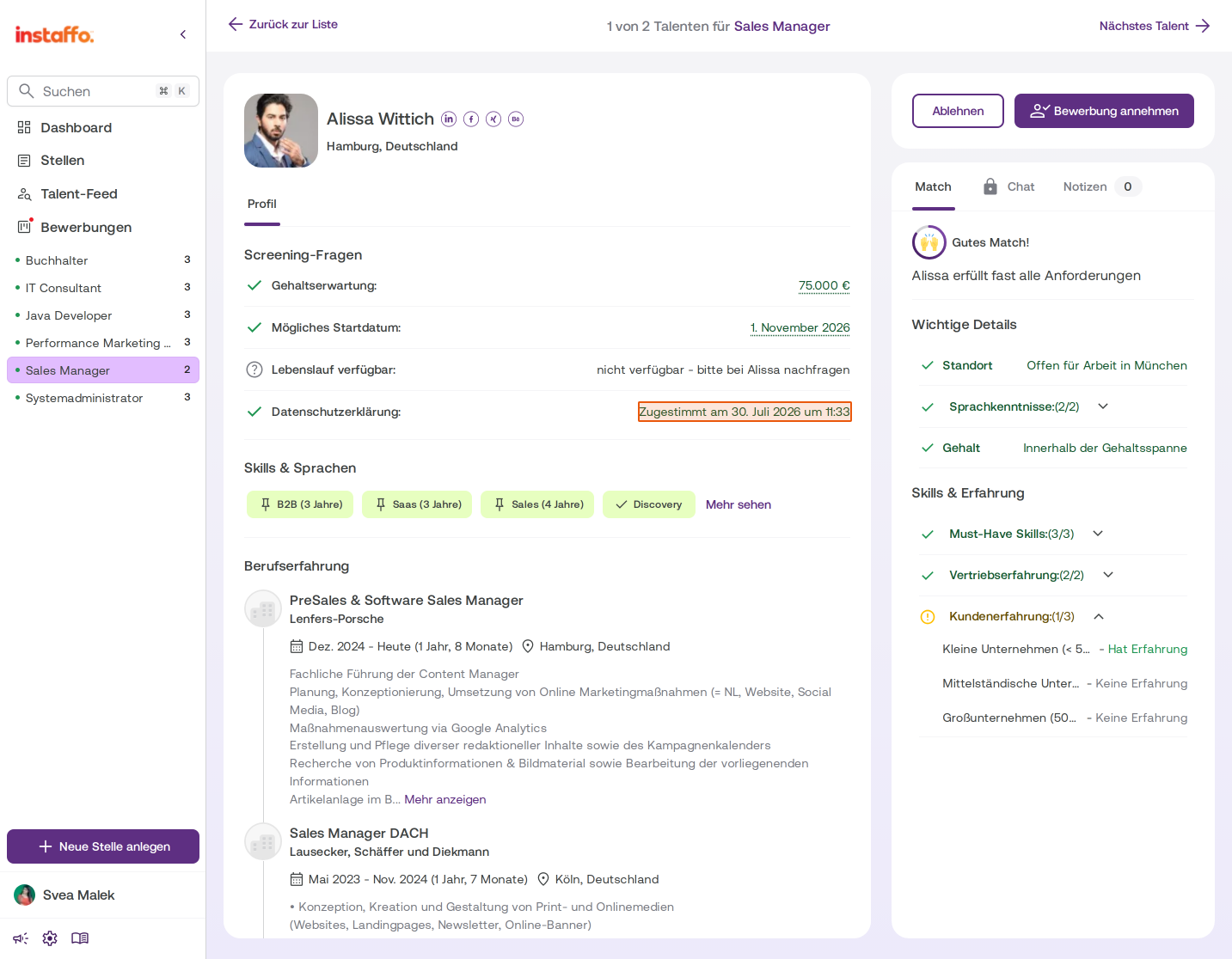 Recruitersicht: Die Zustimmung und der Zeitstempel der Datenschutzabfrage werden im Talentprofil im Screening angezeigt