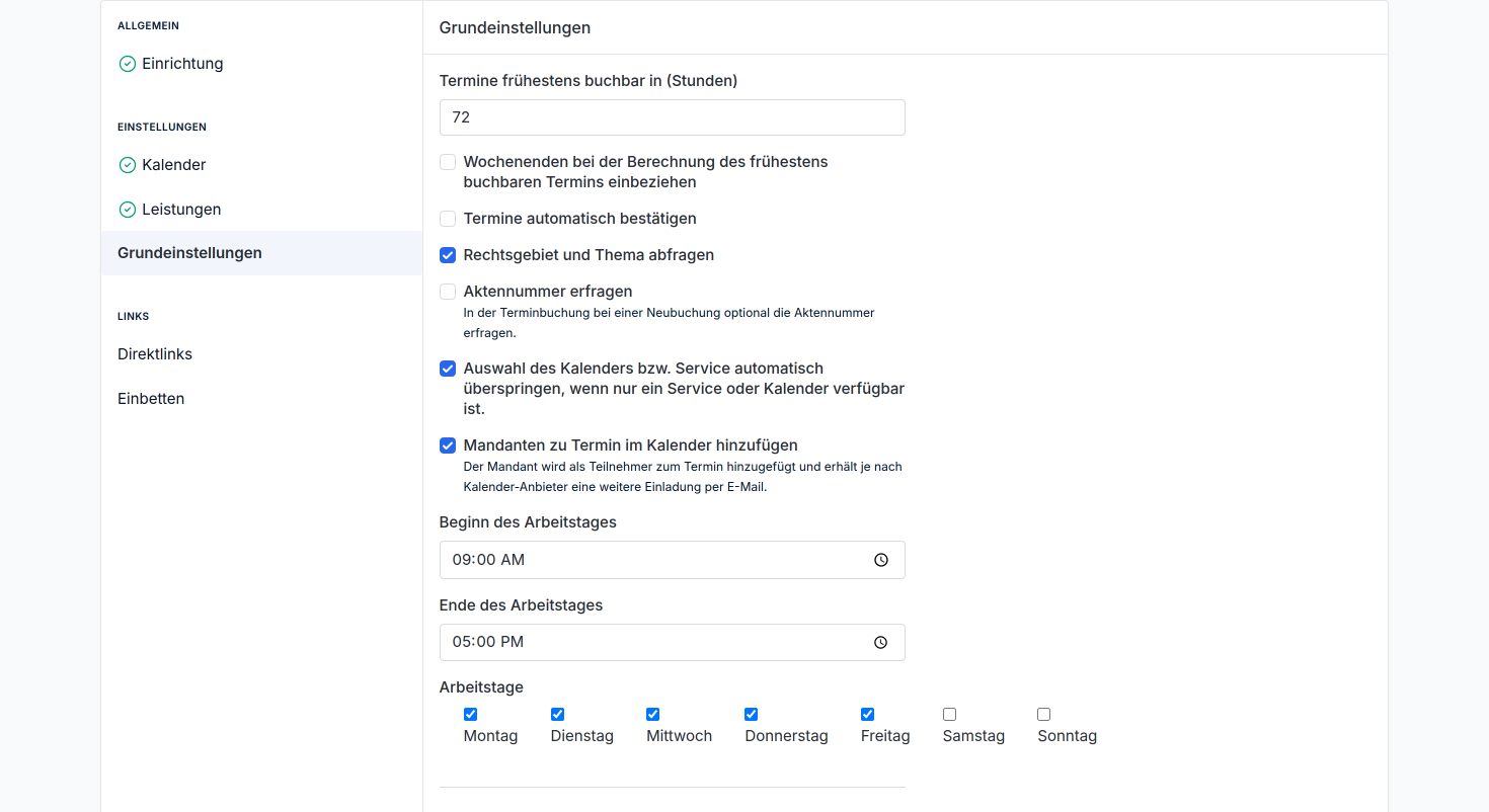 Aktivieren Sie die Optionen, die für Ihre allgemeine Online-Terminbuchung greifen sollen.