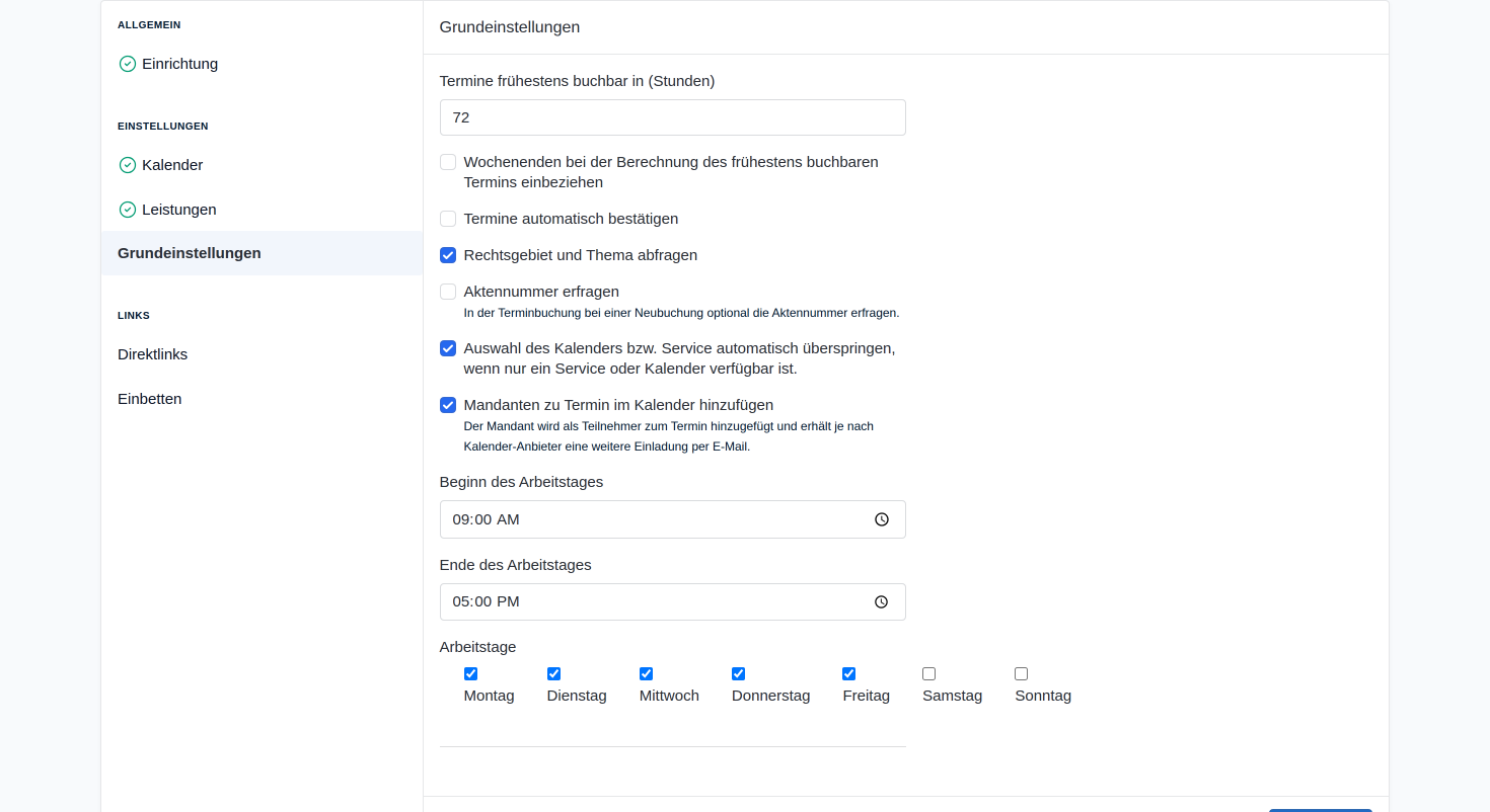 Aktivieren Sie die Optionen, die für Ihre allgemeine Online-Terminbuchung greifen sollen.