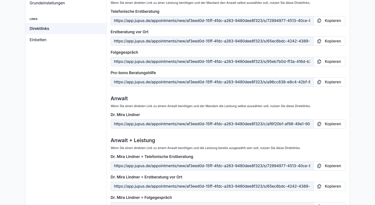 Mit diesen Direktlinks ist die Vorauswahl für einen bestimmten Anwalt bereits festgelegt, die Leistung kann frei gewählt werden.