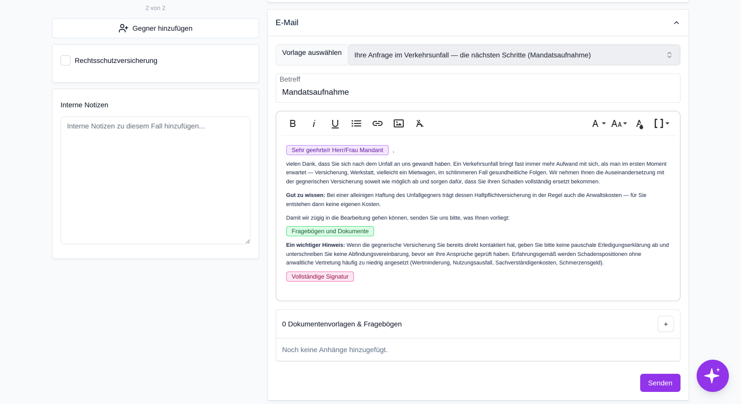 Wählen Sie hier eine E-Mail-Vorlage aus, um den Betreff und den Nachrichtentext automatisch zu befüllen.