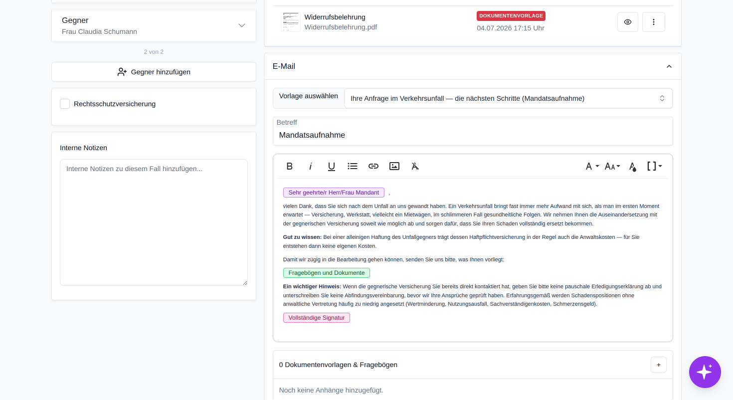 Tragen Sie hier interne Notizen zu diesem Fall ein, die nicht Teil der externen Kommunikation sind.