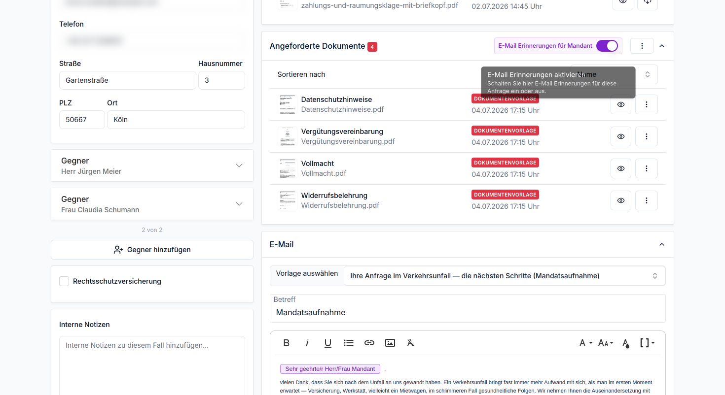 Schalten Sie E-Mail-Erinnerungen für den Mandanten zu ausstehenden Dokumenten und Fragebögen ein oder aus.
