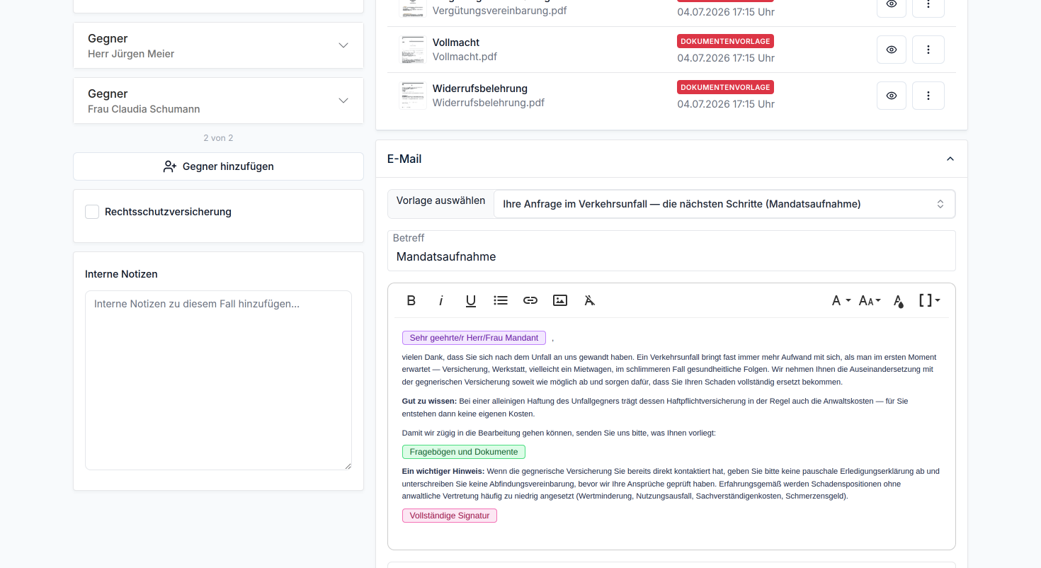 Aktivieren Sie die Checkbox, um eine Rechtsschutzversicherung zu hinterlegen oder sehen Sie bereits hinterlegte Versicherungsdaten ein.