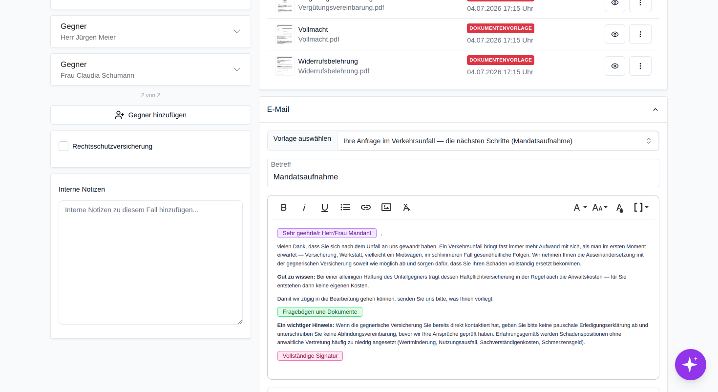 Aktivieren Sie die Checkbox, um eine Rechtsschutzversicherung zu hinterlegen oder sehen Sie bereits hinterlegte Versicherungsdaten ein.