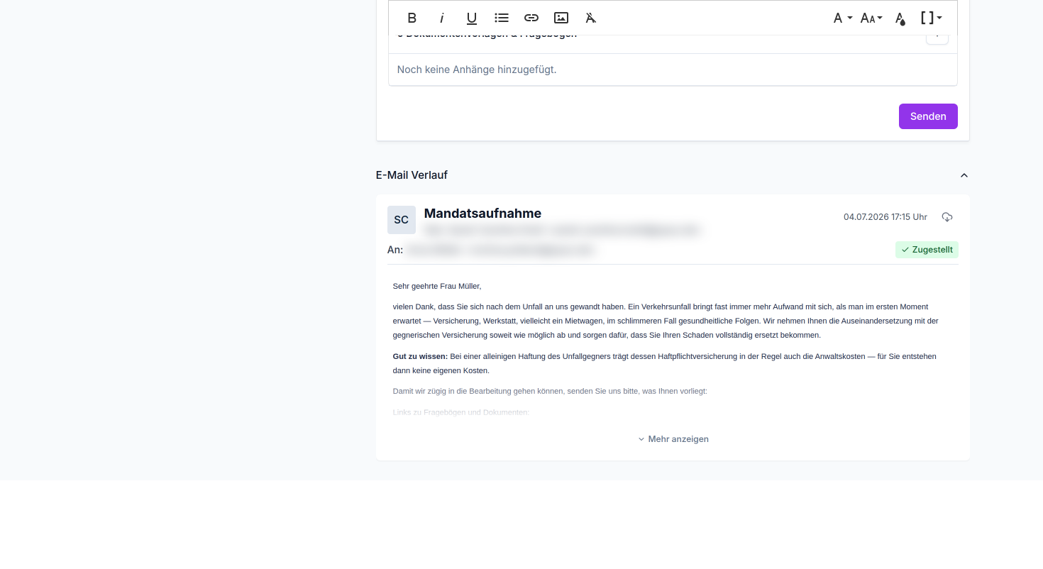 Sehen Sie den gesamten E-Mail-Verlauf mit diesem Mandanten, chronologisch sortiert.