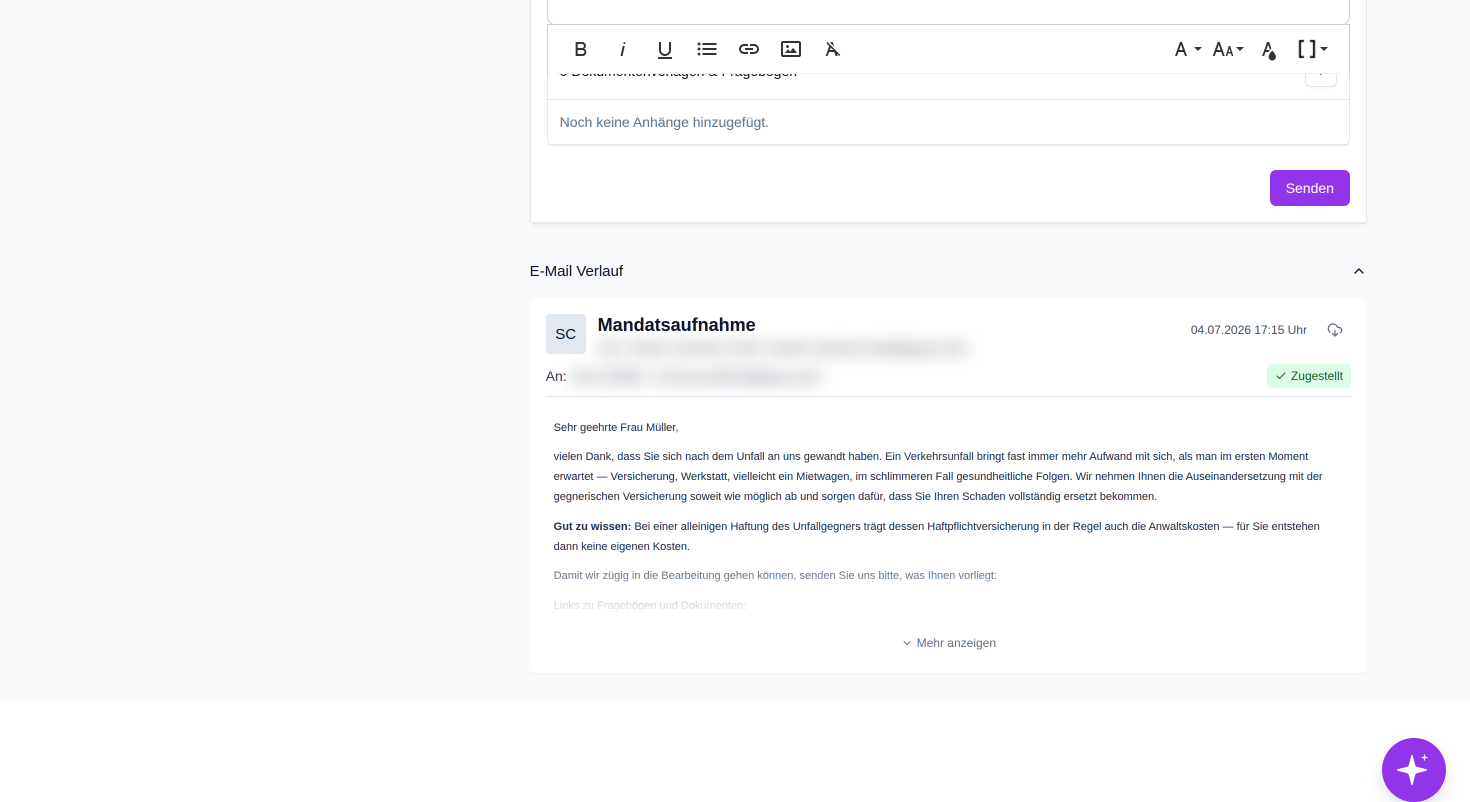 Sehen Sie den gesamten E-Mail-Verlauf mit diesem Mandanten, chronologisch sortiert.