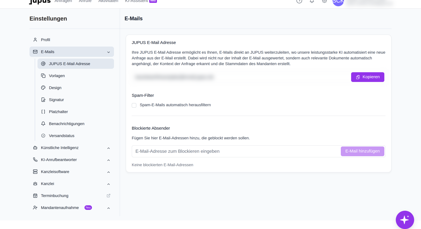 Aktivieren Sie die Checkbox, um eingehende Spam-E-Mails automatisch herauszufiltern.