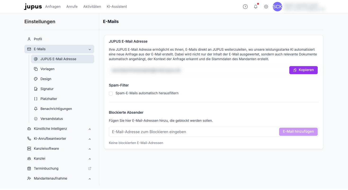 Öffnen Sie hier die E-Mail-Einstellungen.