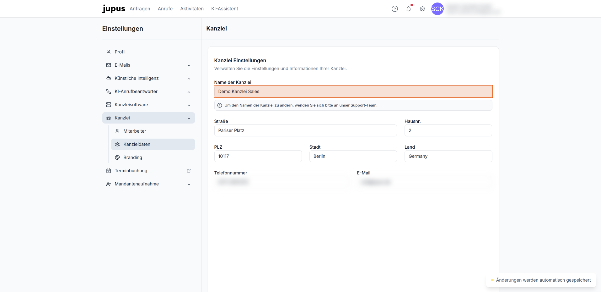 Wenn Sie Ihren Kanzlei-Namen ändern möchten, kontaktieren Sie uns bitte.