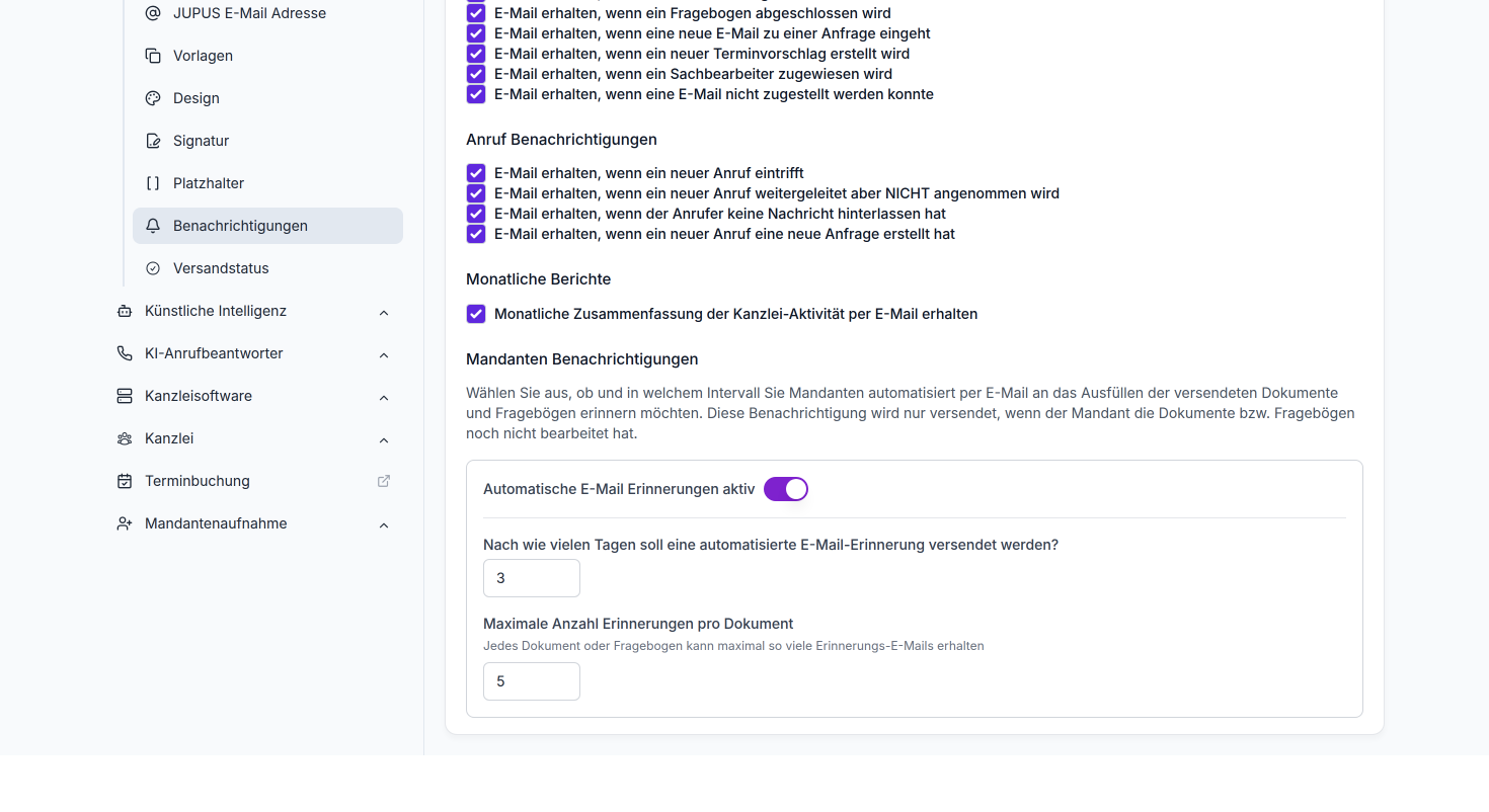 Legen Sie hier fest, wie viele automatische E-Mail-Erinnerungen ein Dokument/Fragebogen maximal erhalten darf.