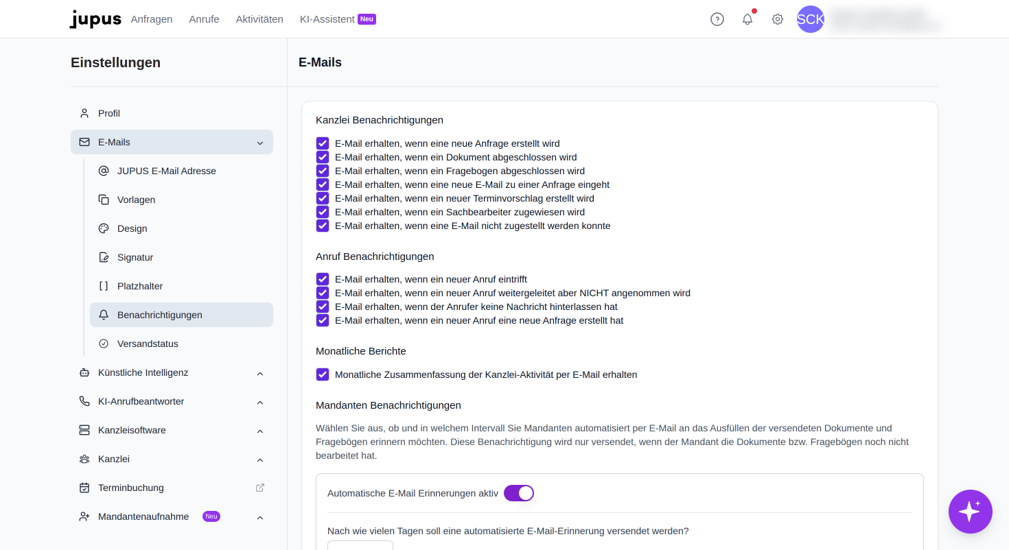 Wählen Sie hier den Bereich "Benachrichtigungen", um Ihre E-Mail-Benachrichtigungseinstellungen zu verwalten.