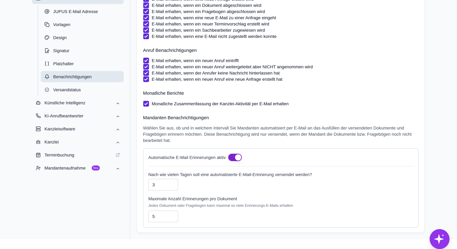 Aktivieren Sie automatische E-Mail-Erinnerungen für Mandanten, die Dokumente oder Fragebögen noch nicht ausgefüllt haben.