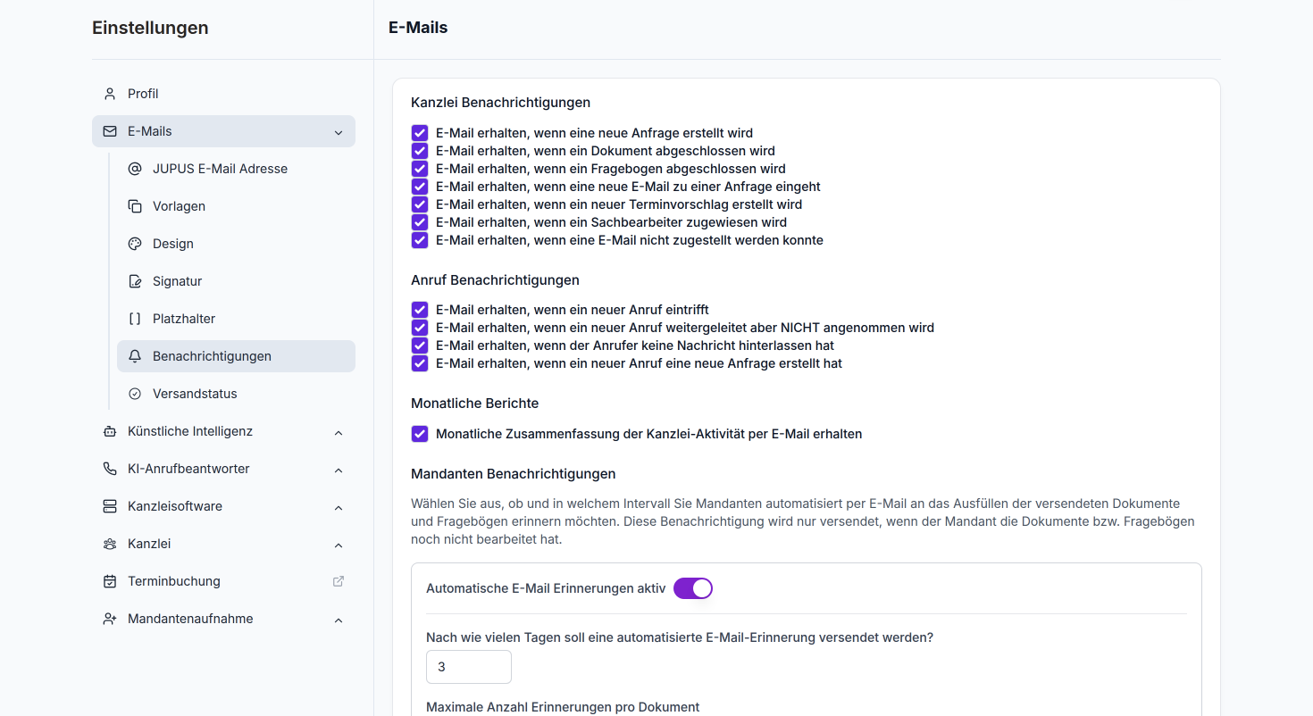 Aktivieren oder deaktivieren Sie die einzelnen Benachrichtigungen mithilfe der Checkboxen.