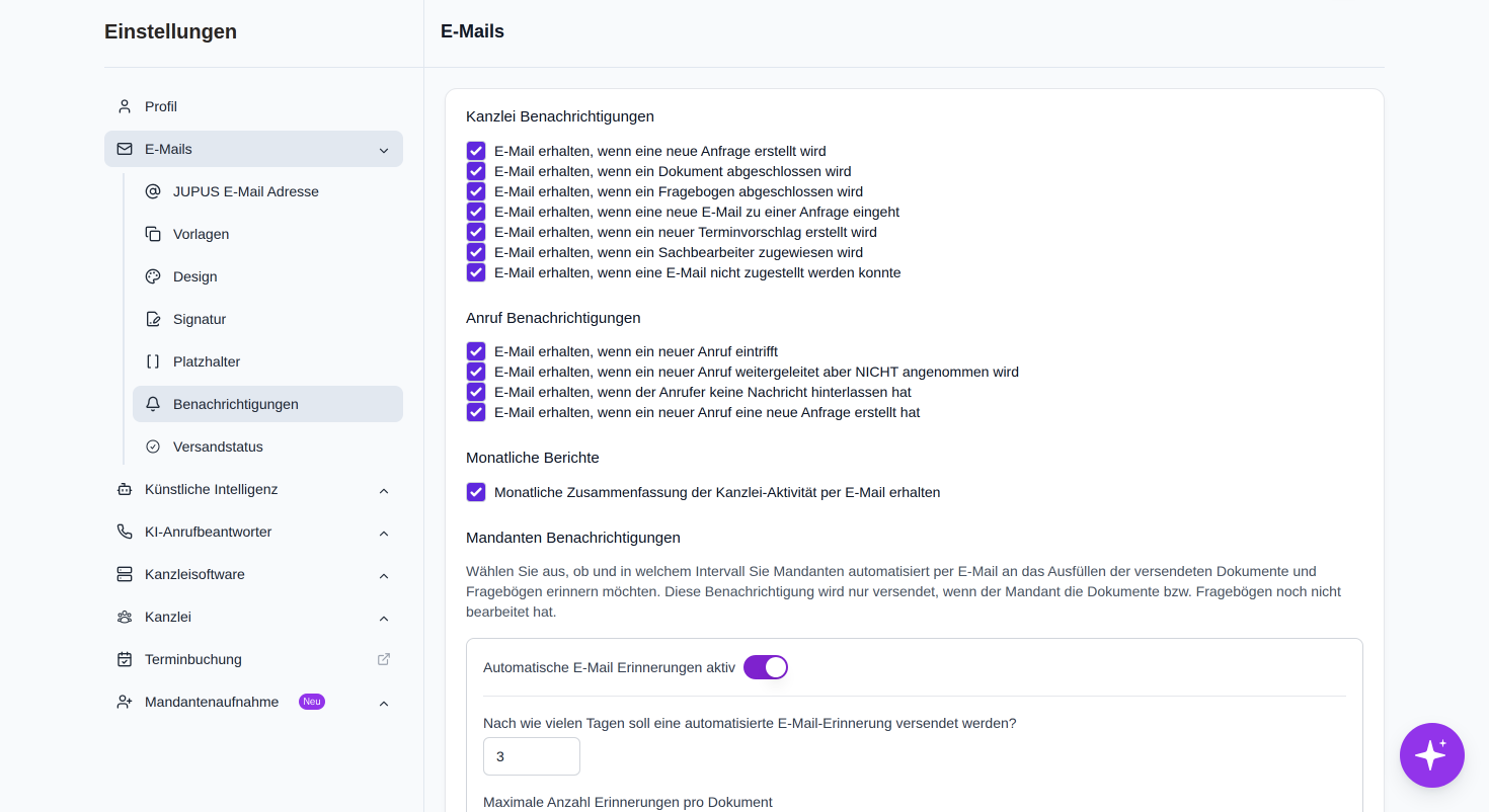 Hier sehen Sie, welche E-Mail-Benachrichtigungen für eingehende Anrufe in Ihrer Kanzlei aktiviert sind.