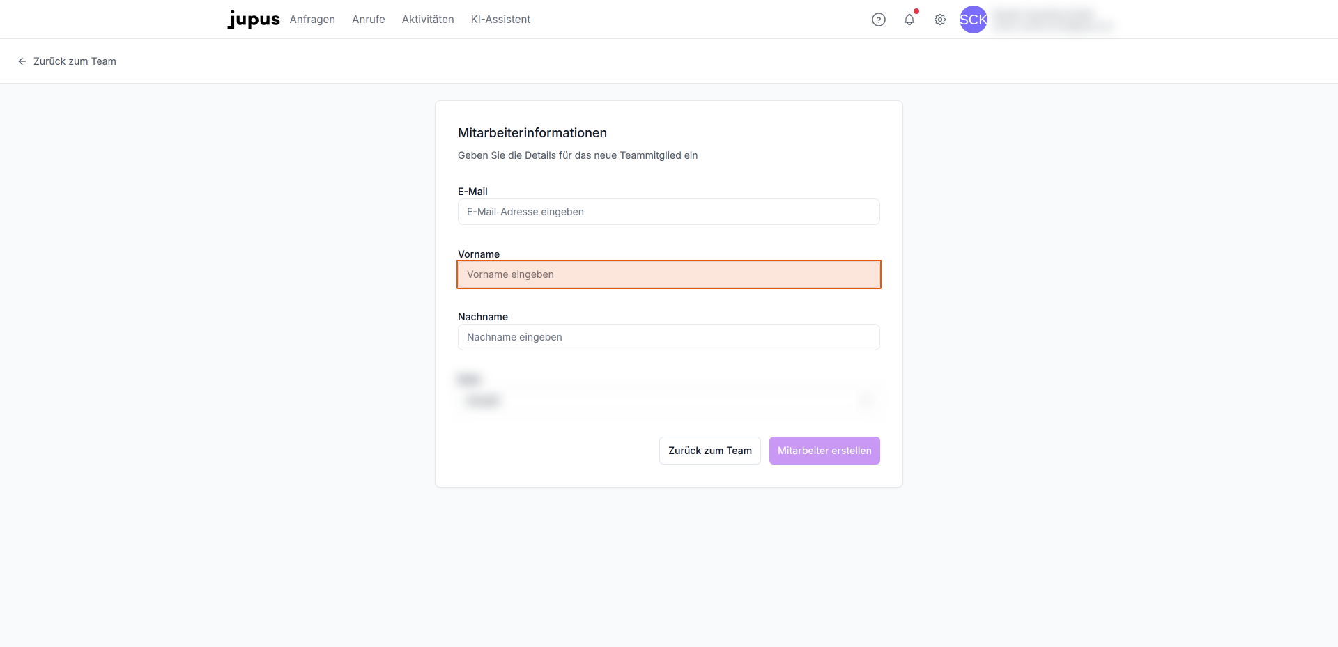 Geben Sie den Vornamen des Mitarbeiters ein.