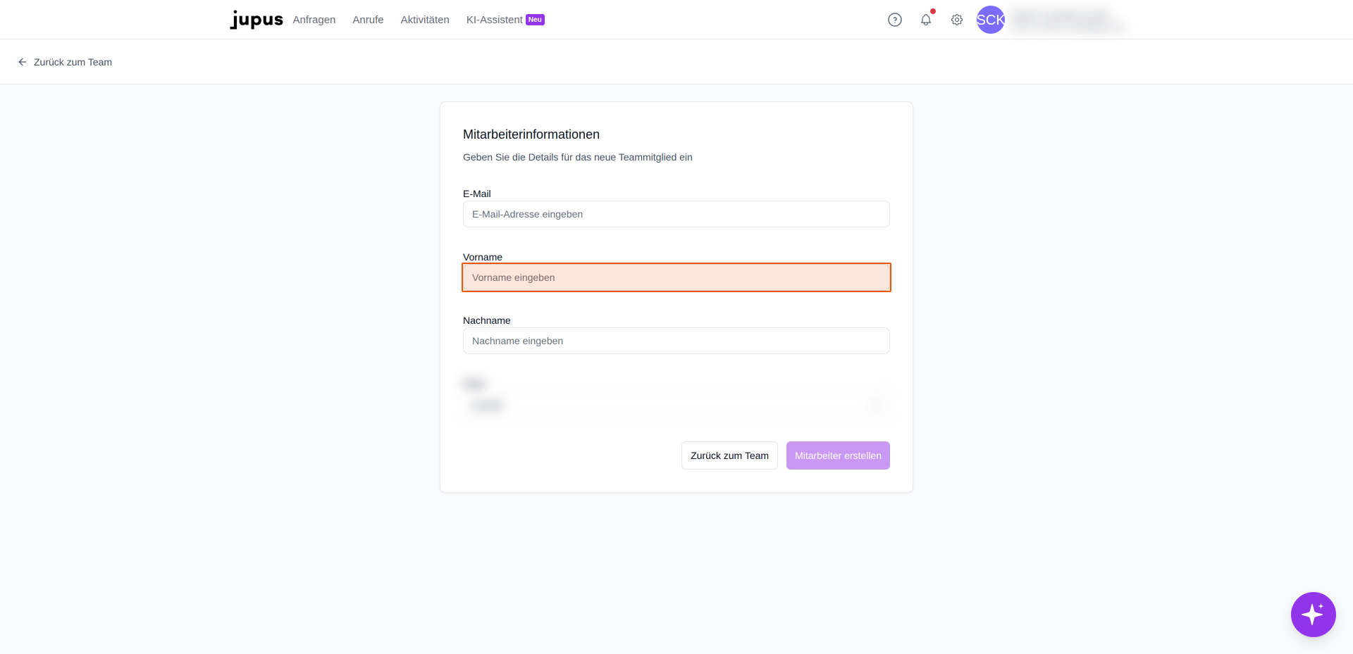 Geben Sie den Vornamen des Mitarbeiters ein.