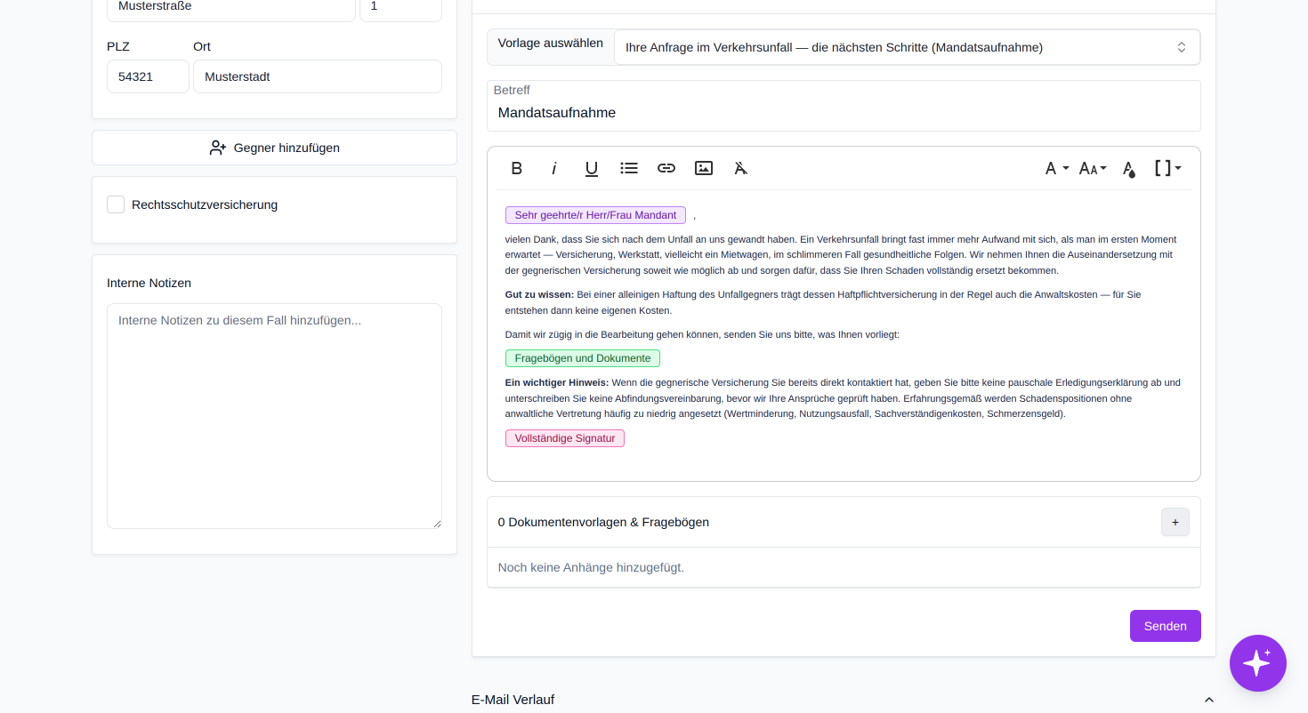 Fügen Sie hier Dokumentenvorlagen oder Fragebögen als Anhang zur E-Mail hinzu.
