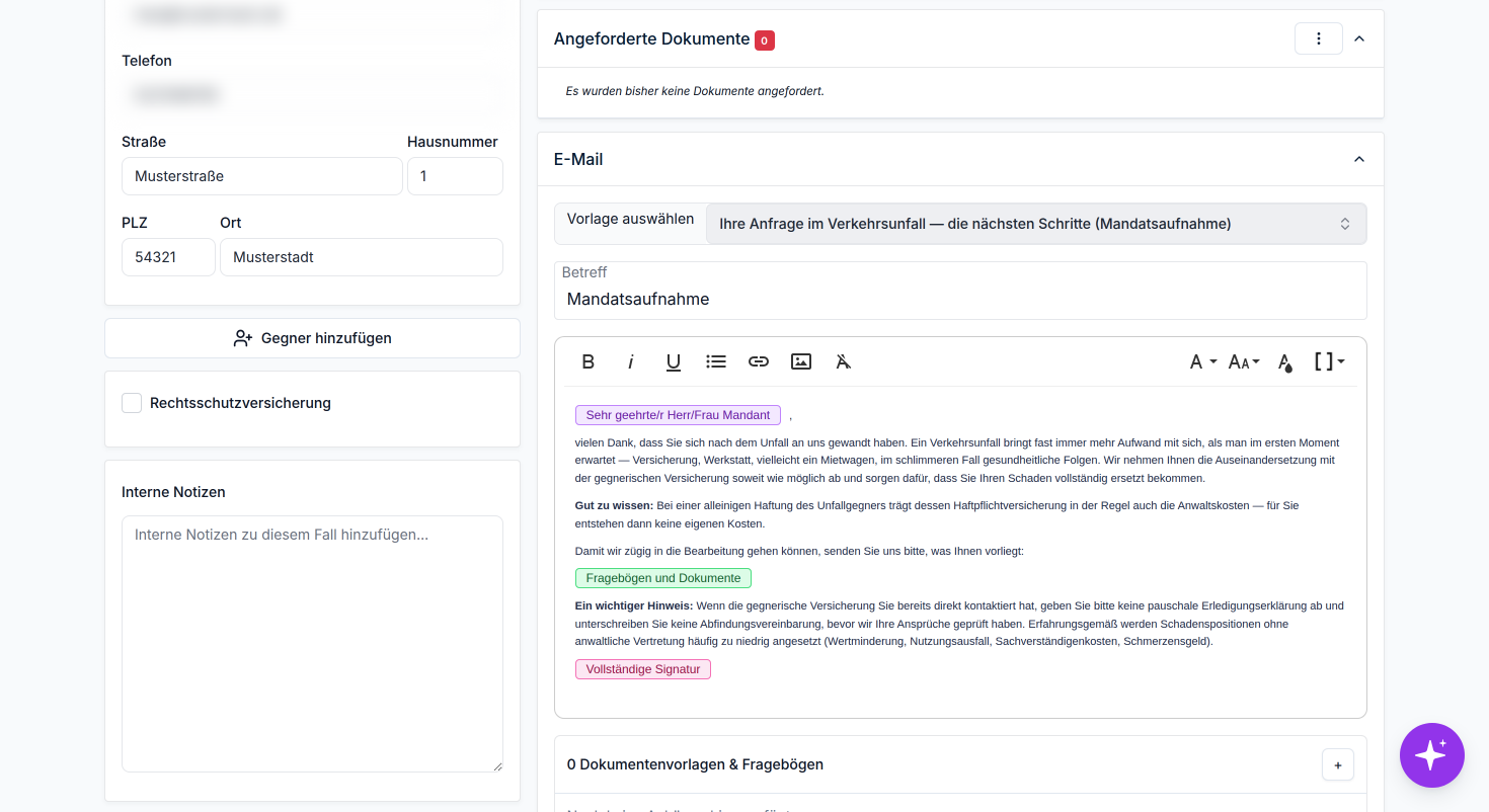 Wählen Sie hier eine Vorlage aus, um Betreff und Text der E-Mail automatisch zu befüllen.