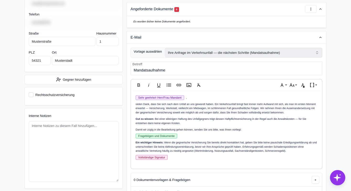 Wählen Sie hier eine Vorlage aus, um Betreff und Text der E-Mail automatisch zu befüllen.