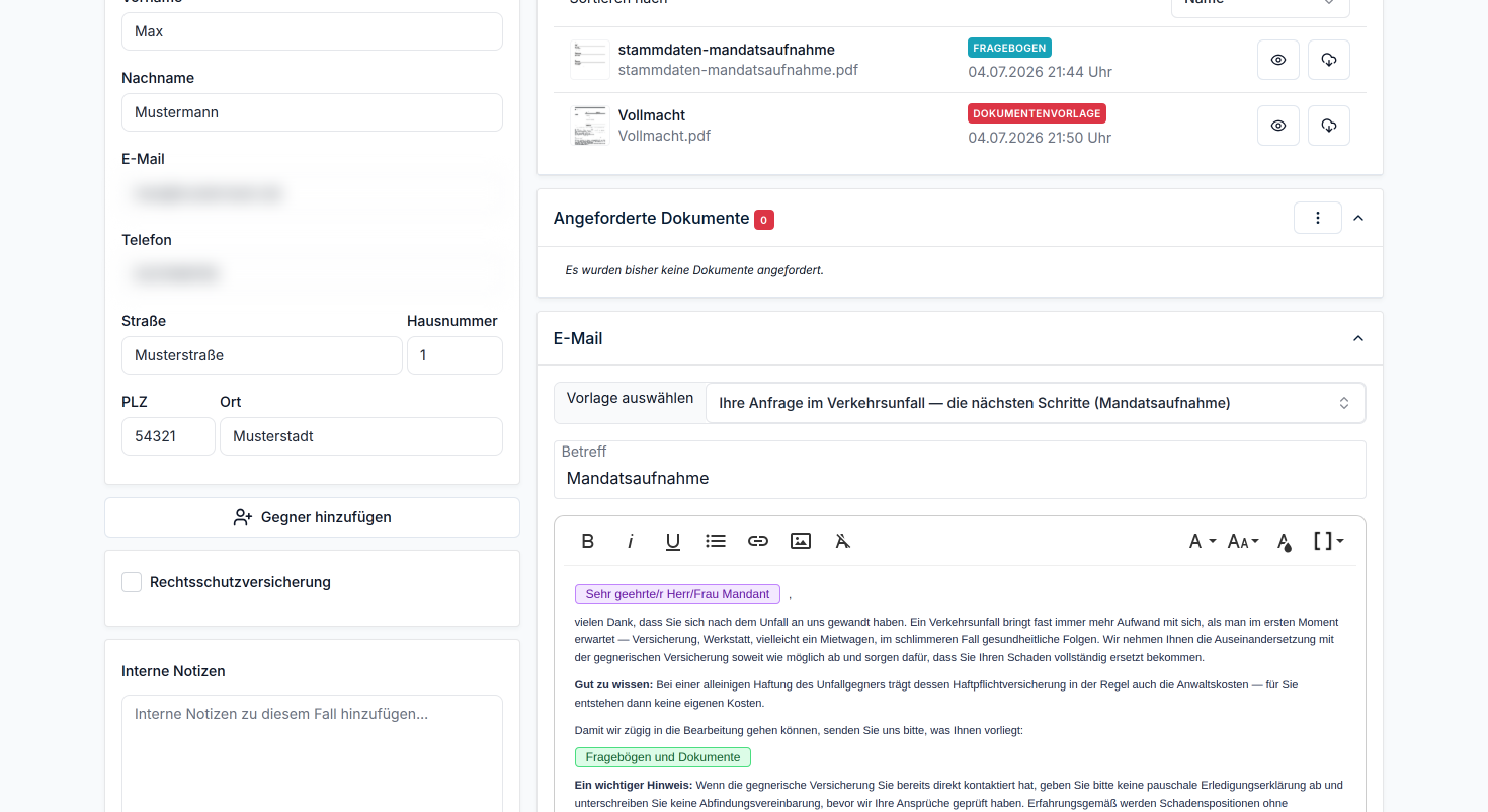 Passen Sie den E-Mail-Text an: Vorlage, Betreff und Inhalt sind direkt im Editor bearbeitbar.