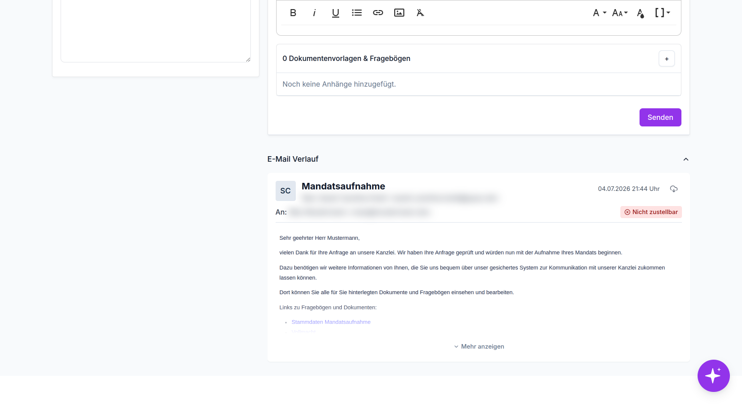 Behalten Sie den Zustellstatus versendeter E-Mails im Blick und klappen Sie einen Eintrag auf, um den vollständigen Inhalt zu lesen.