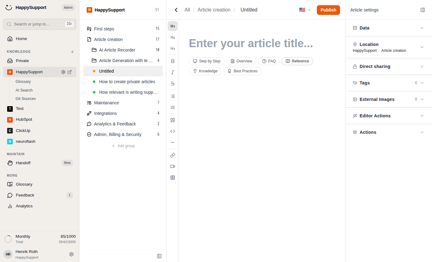 Pick a template type like "Reference" to define the format of your article.