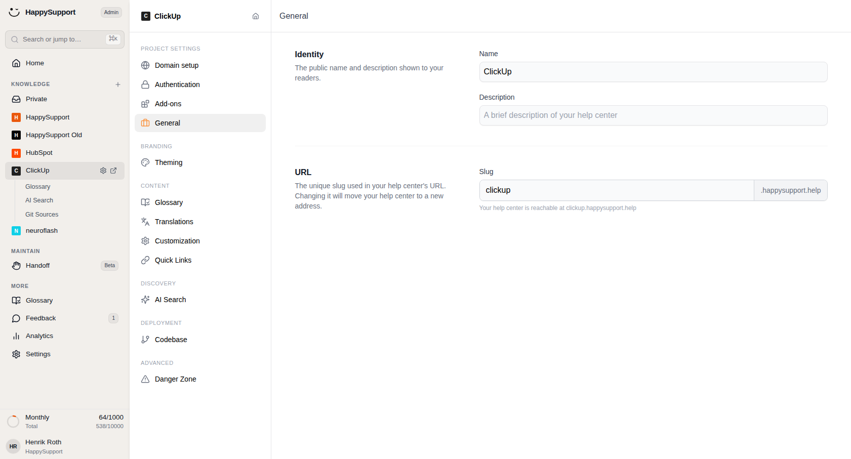 Select a help center from the sidebar to open its settings.