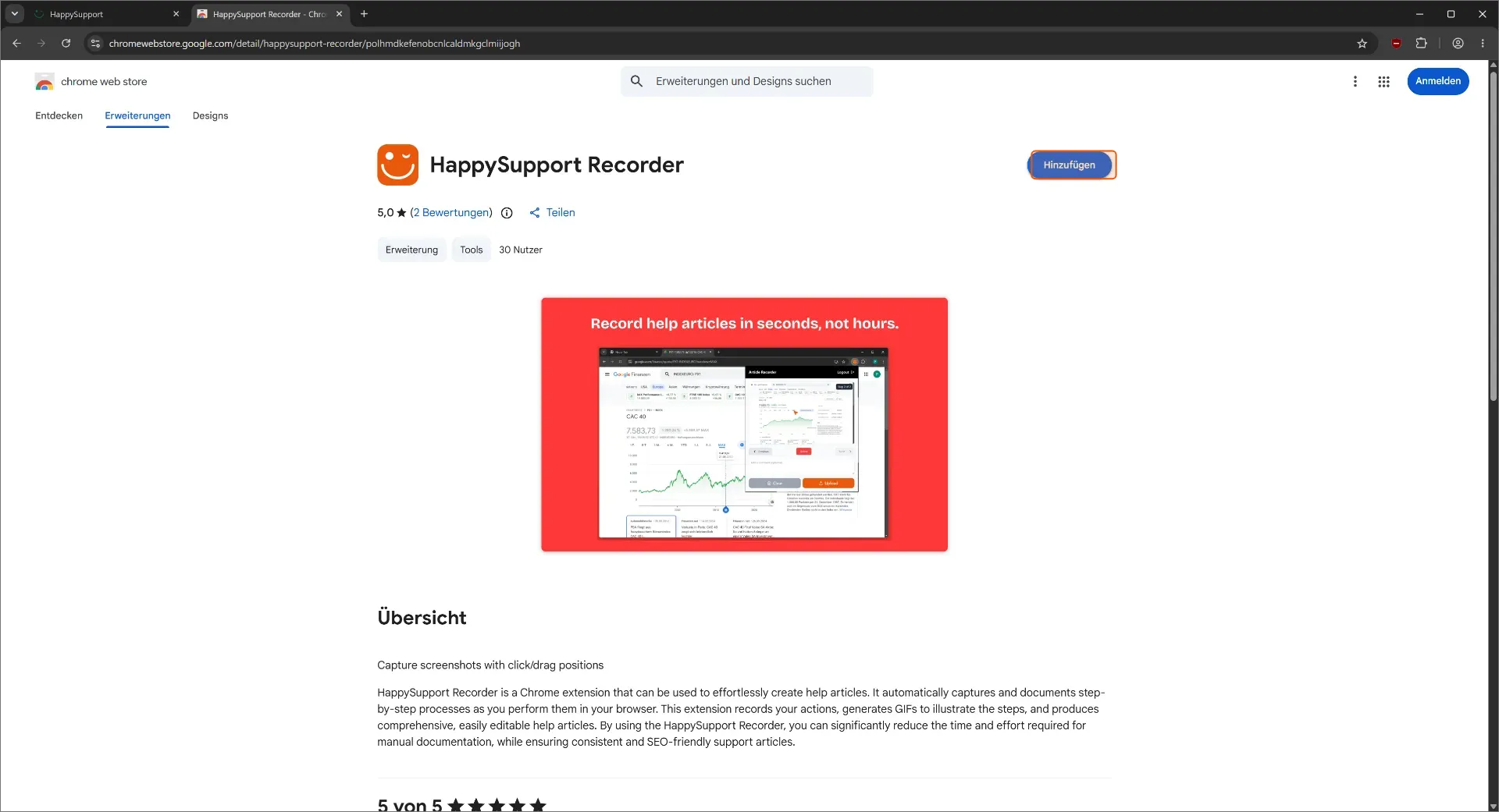 That is the url that shuld be opeed (download page): https://chromewebstore.google.com/detail/happysupport-recorder/polhmdkefenobcnlcaldmkgclmiijogh