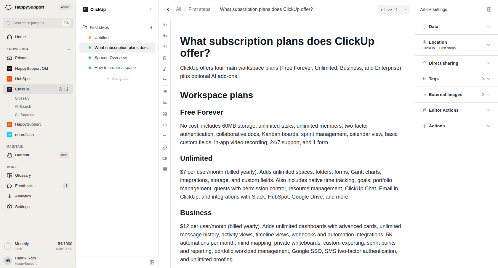Browse and switch between articles in this collection to open any of them in the editor.