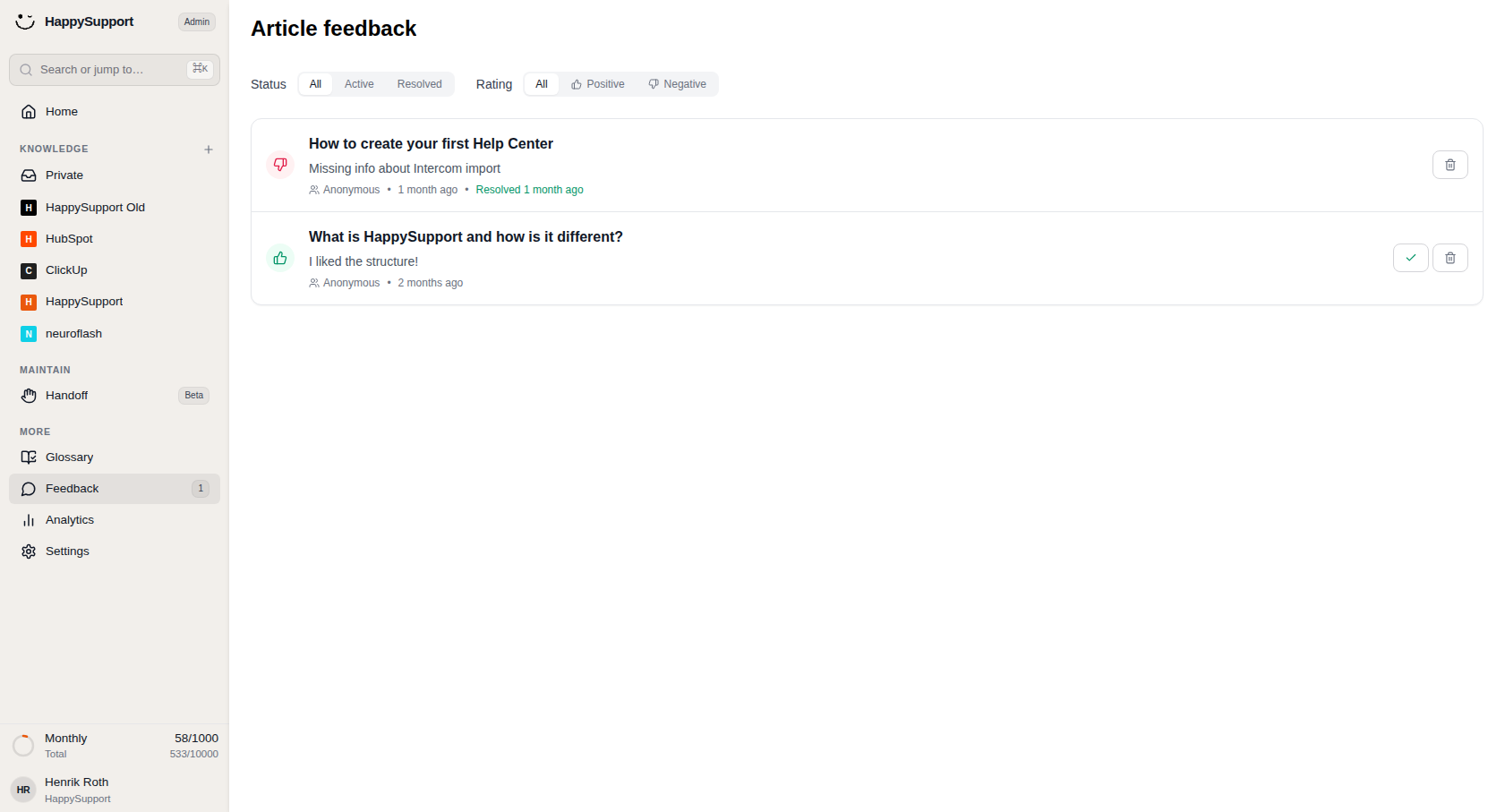 Filter feedback by rating to see only positive or negative responses.