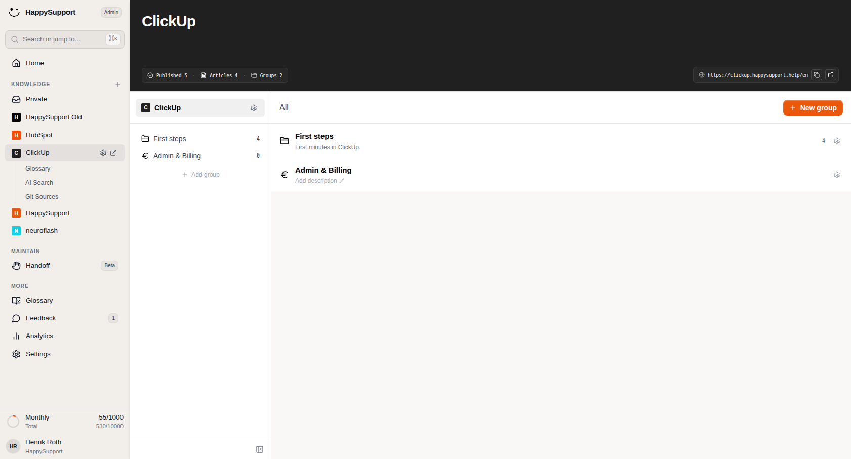 Browse and switch between your article groups to see what each one contains.