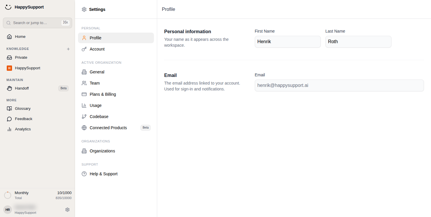 Open Profile to update your name and email address.