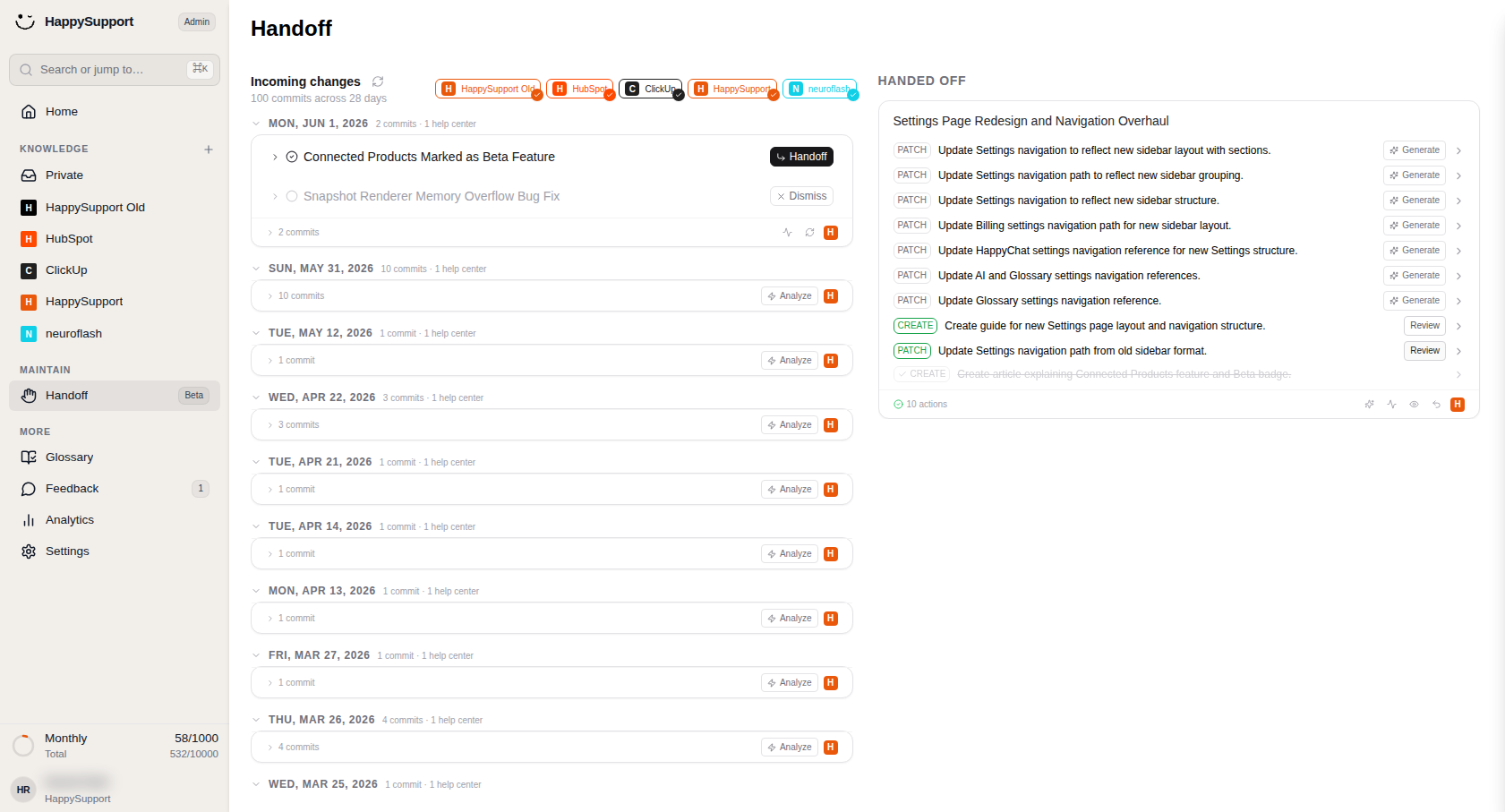 Click Review to inspect this handed-off change and decide how to handle it in your Help Center.