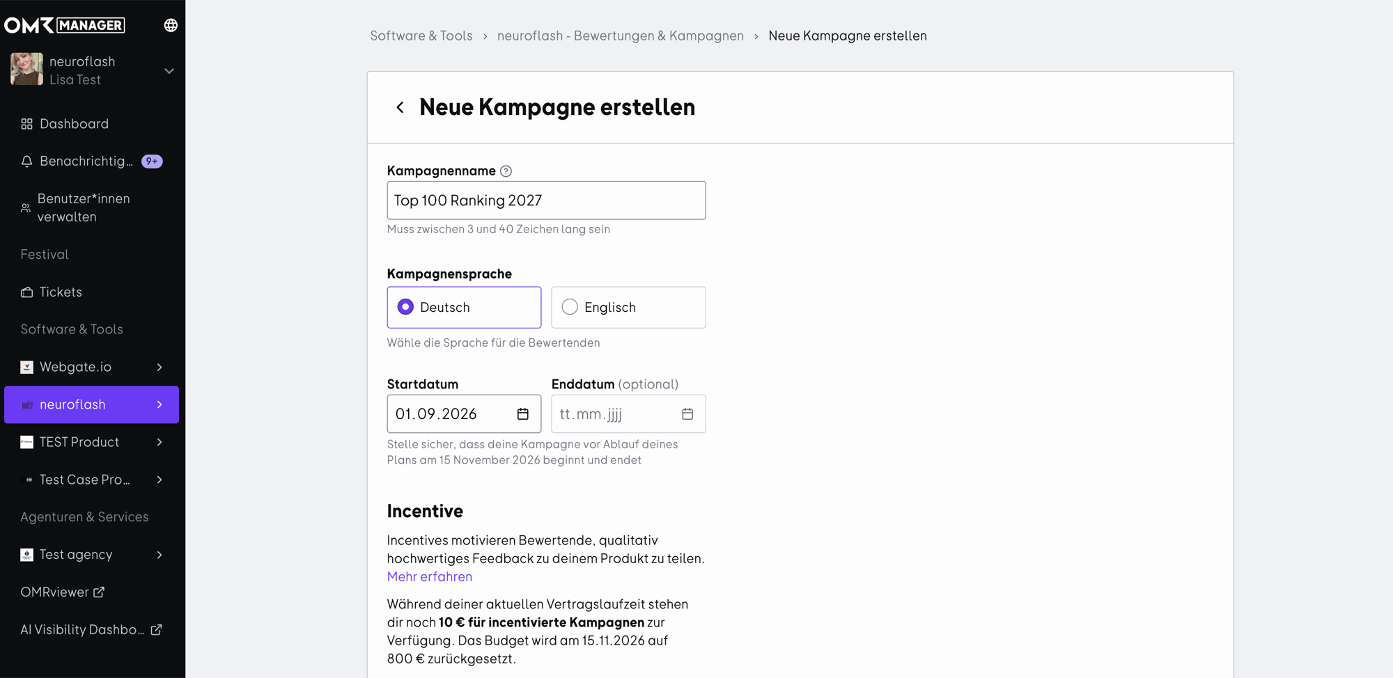 Das Formular „Neue Kampagne erstellen_ mit vorbelegtem Kampagnennamen, Sprache, Laufzeit, Incentive-Optionen und personalisierter Einladung.png