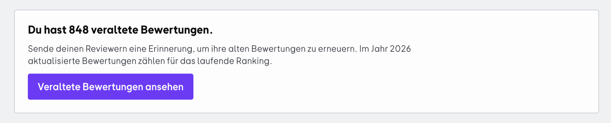 The card below the ranking table, showing the number of outdated reviews and the âVeraltete Bewertungen ansehen" button.png
