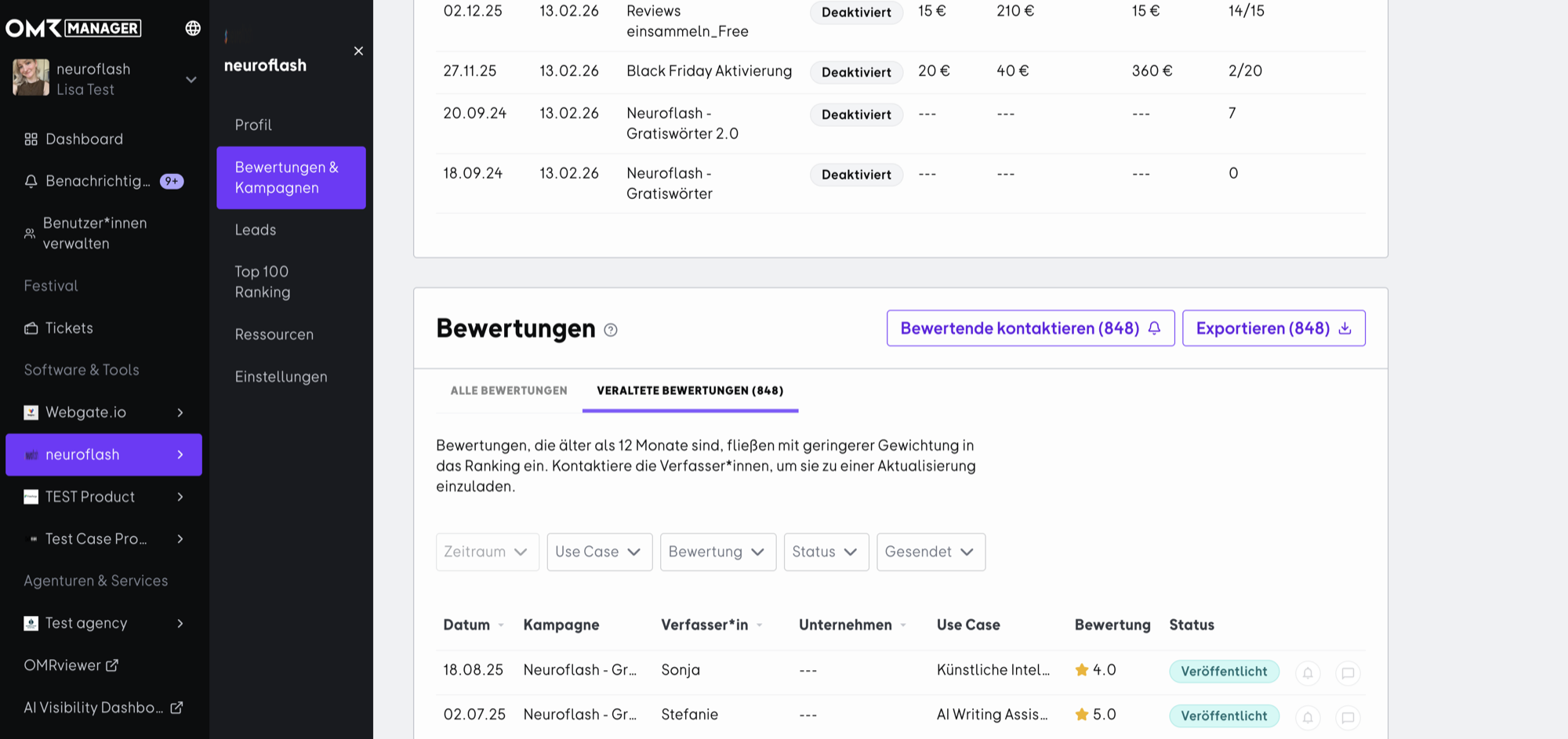 Der Tab „Veraltete Bewertungen_ im Bereich Bewertungen & Kampagnen mit Filtern und dem Button „Bewertende kontaktieren_.png