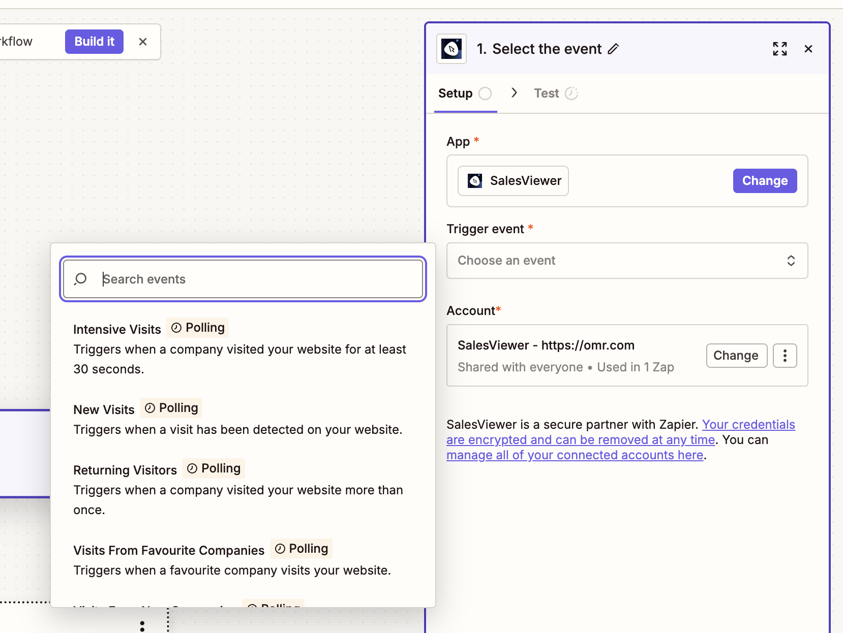 Selection of trigger event in Zapier