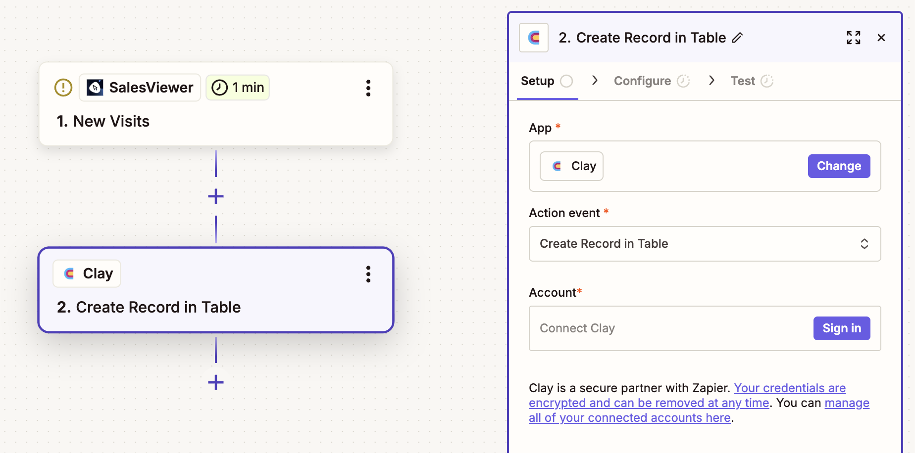Selecting Clay as the action in Zapier