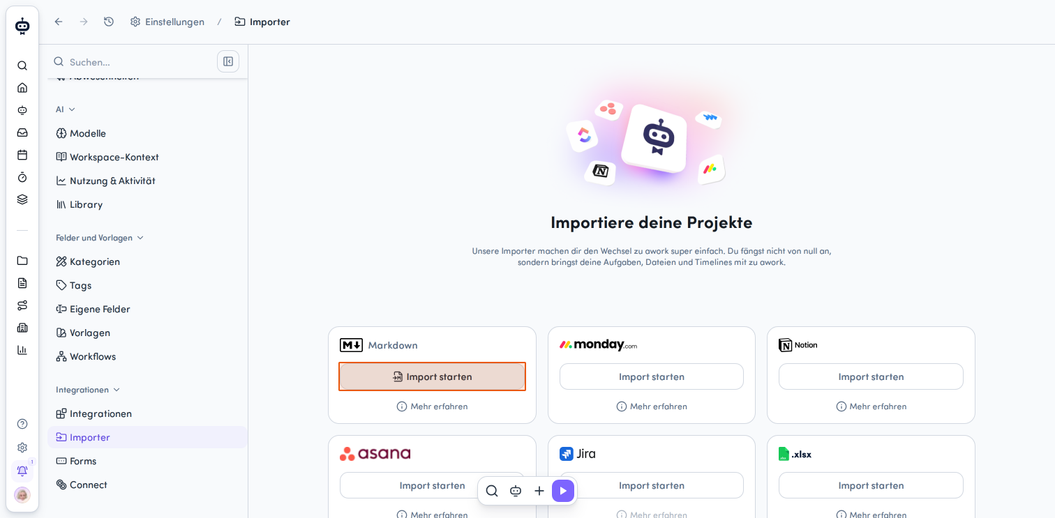 Starte den Markdown-Import, um Dokumente aus Markdown-Dateien zu erstellen.