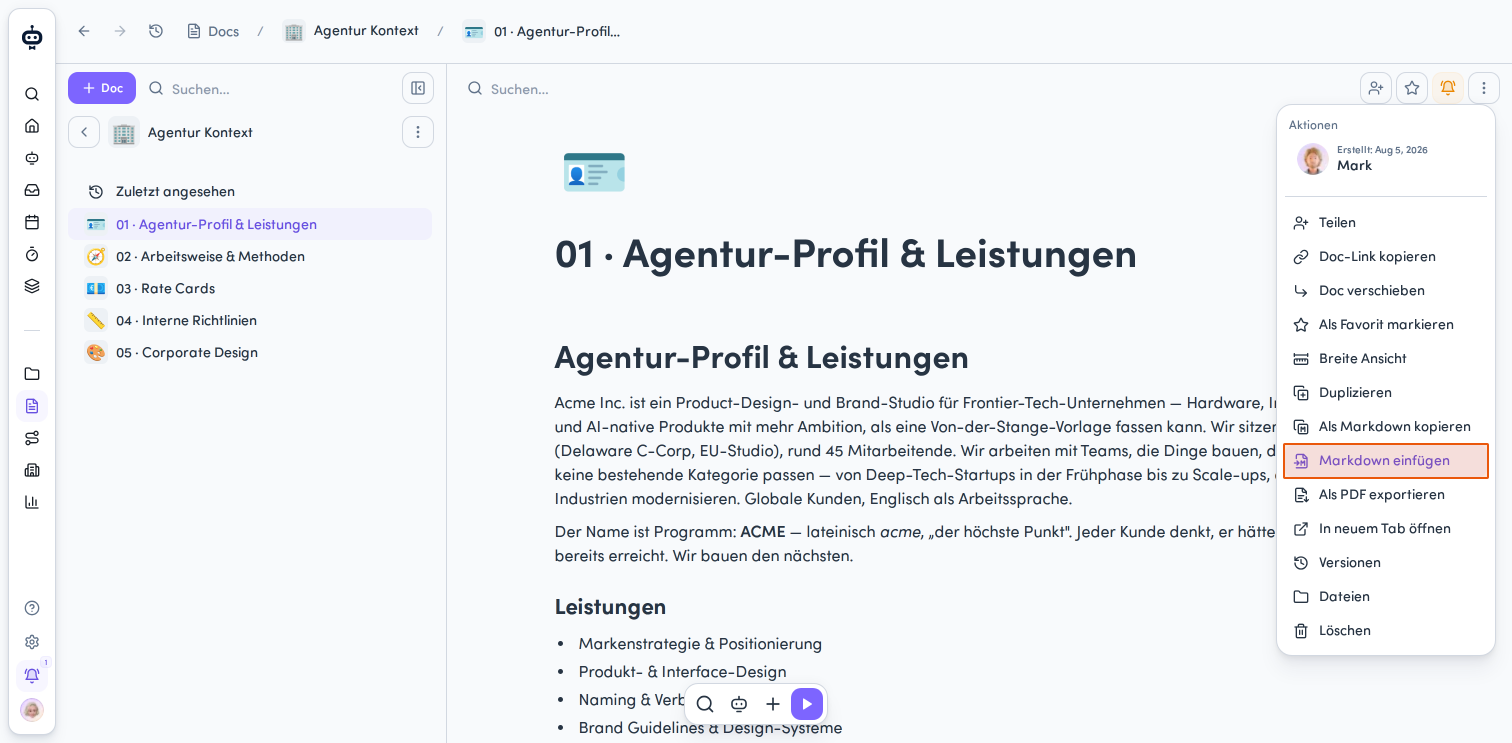 Wähle „Markdown einfügen“, um eine Markdown-Datei in das Dokument zu übernehmen.