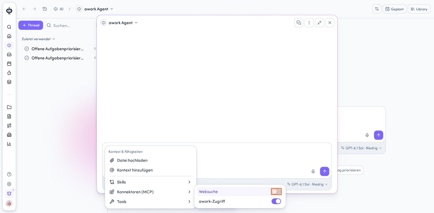 Turn on "Websuche" so the agent can include up-to-date information from the web.