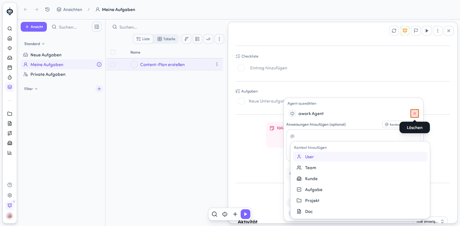 Remove awork Agent if you want to select a specialized agent instead.
